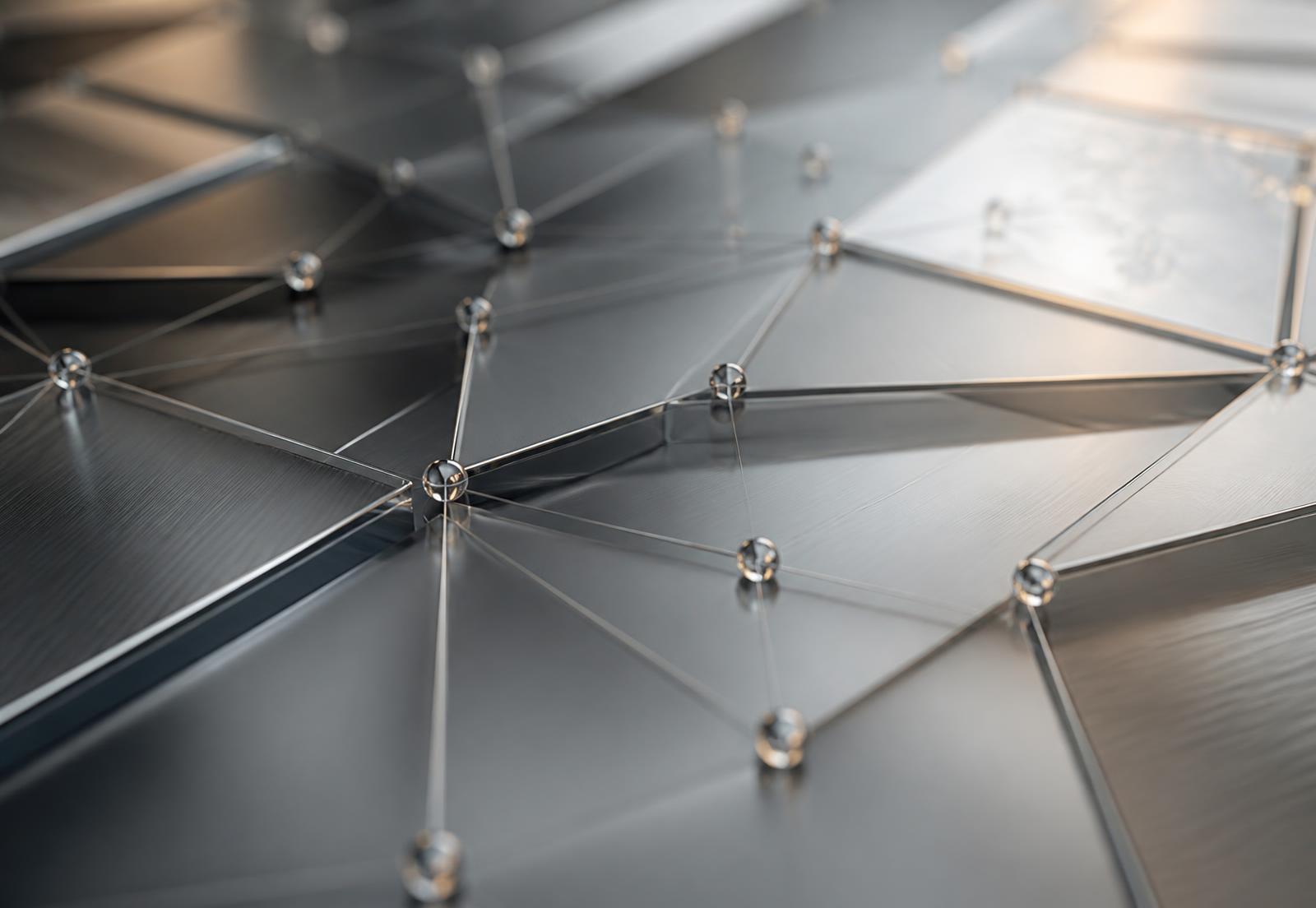 Abstract network of connected nodes representing integrated business systems