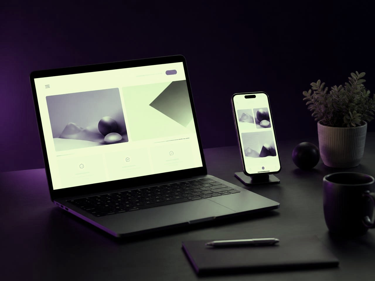 Website and mobile app interfaces shown on a laptop and phone